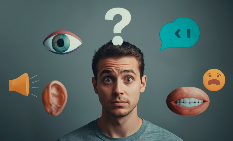 Mann mit Symbolen von Auge, Ohr, Lautsprecher, Fragezeichen und Sprechblasen um ihn herum.