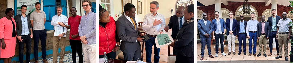 Gruppe von Geschäftsmännern in formeller Kleidung bei Treffen, Austausch von Unterlagen; verschiedene Standorte.
